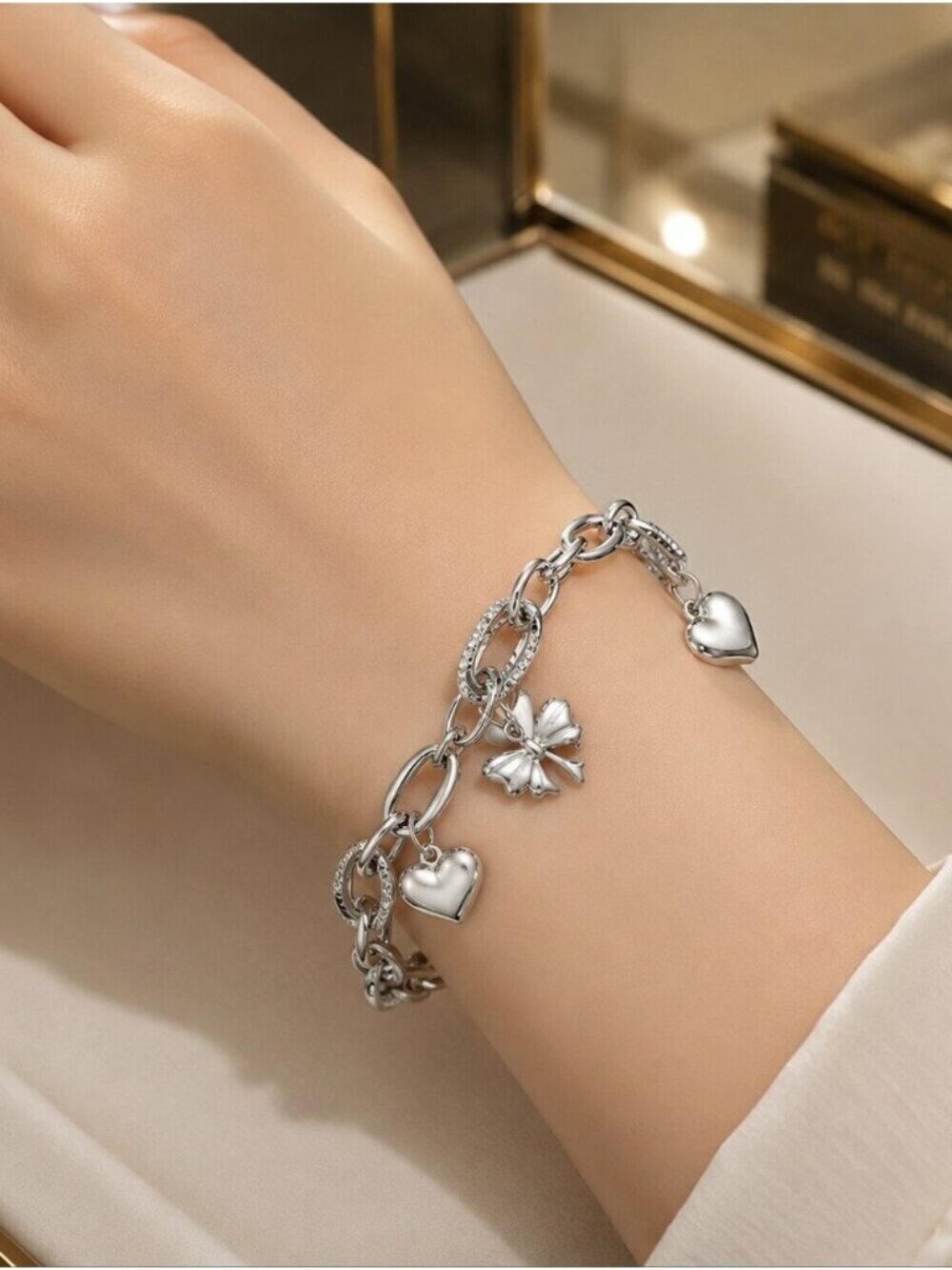Silver Heart & Bow Charm Bracelet